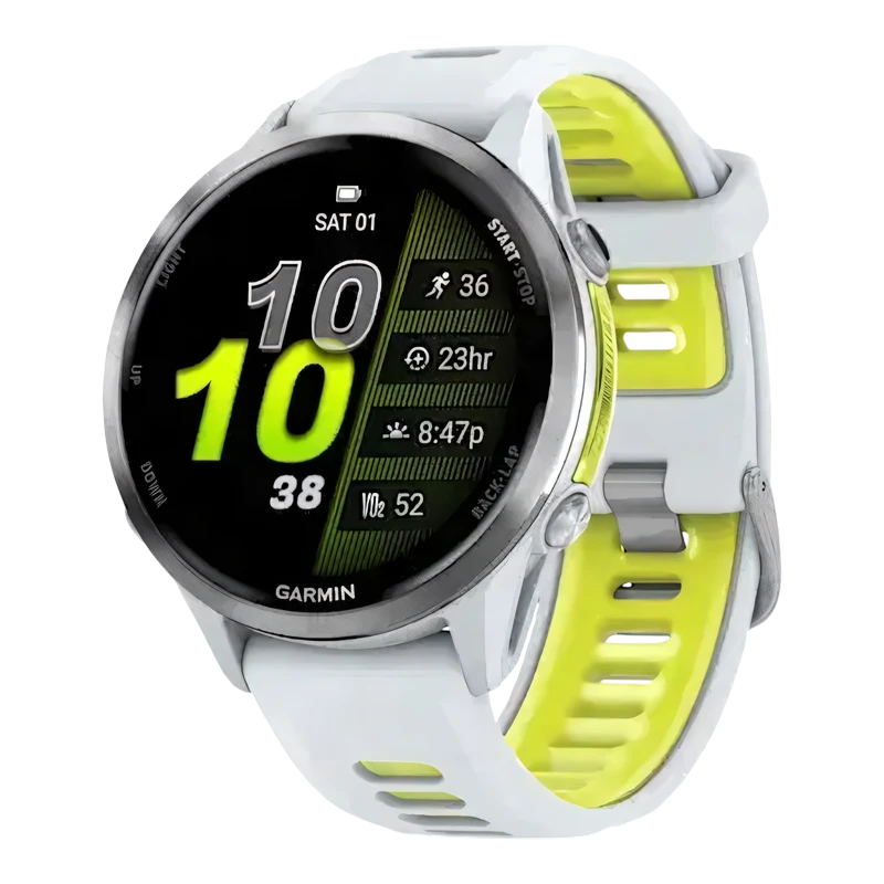 Garmin Forerunner 970 с серебристым безелем и желто-белым ремешком