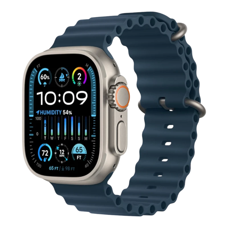 Apple Watch Ultra 2, 49 мм, титан светлого цвета, ремешок Ocean тёмно-синего цвета