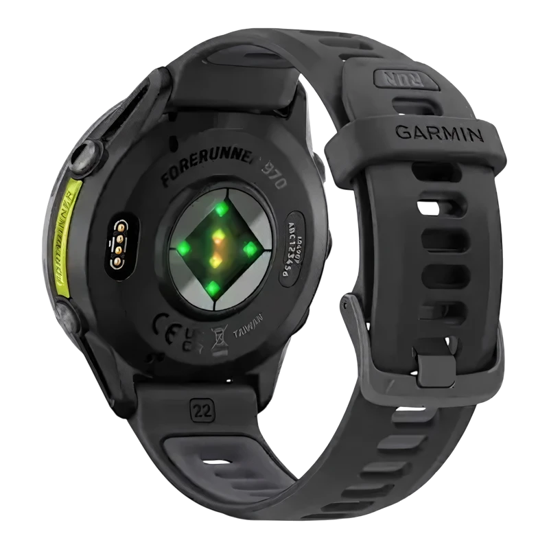 Garmin Forerunner 970 угольно-серый DLC Titanium с черным корпусом и черным/прозрачным белым ремешком