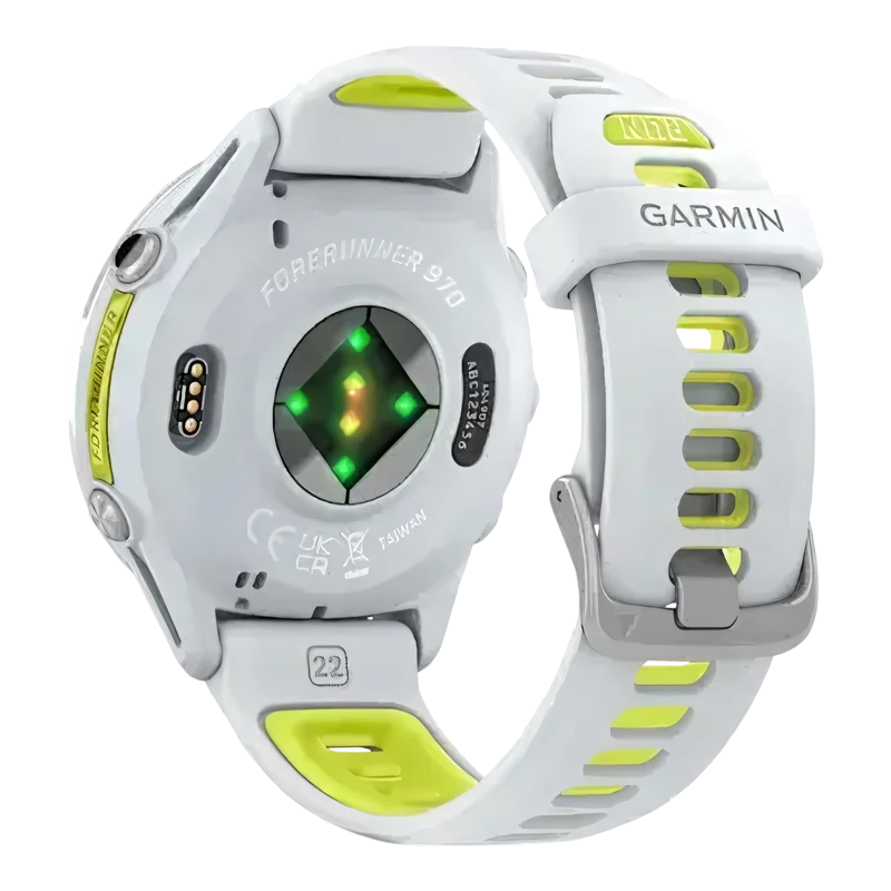 Garmin Forerunner 970 с серебристым безелем и желто-белым ремешком