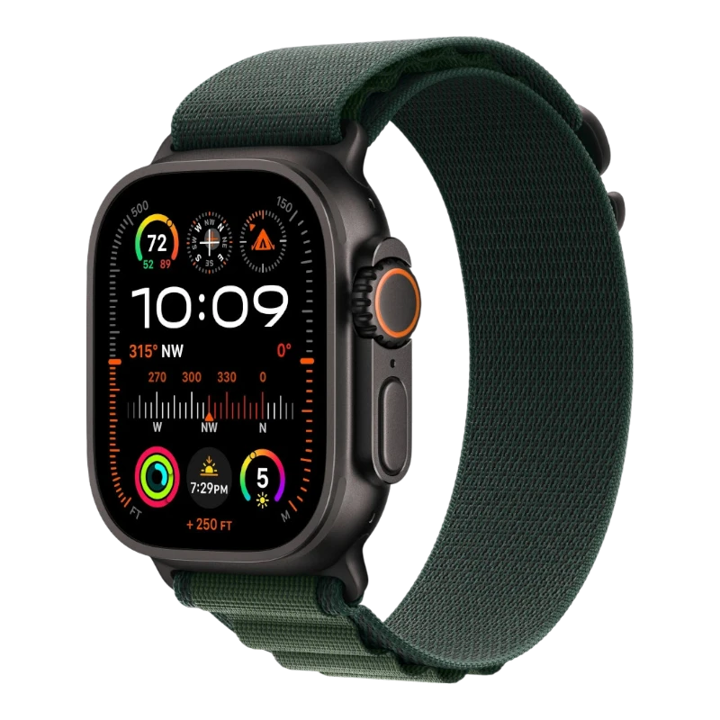 Apple Watch Ultra 2, 49 мм, корпус из титана, ремешок Trail зеленого цвета