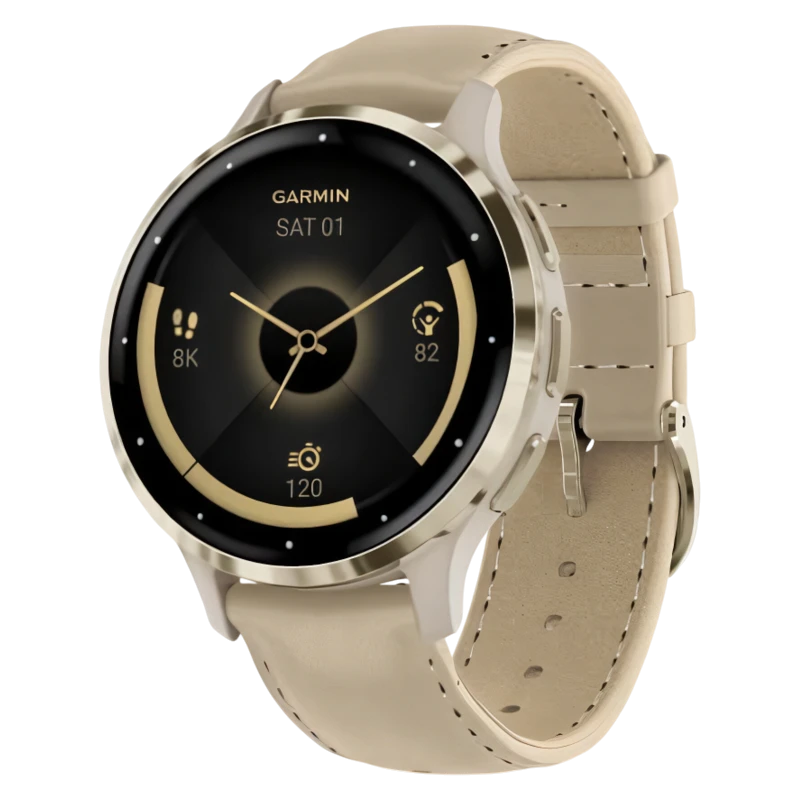 Garmin Venu 3S цвета французский серый с кожаным ремешком с золотистым безелем